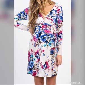 White floral sash tie maternity wrap dress